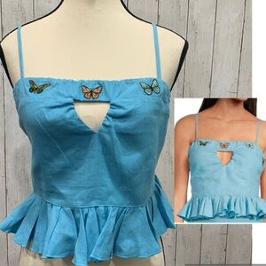 Fanm Mon Blue Butterfly Embroidered Ruffle Linen Tank